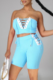 Design con cinturino senza schienale in patchwork solido casual blu chiaro sexy senza maniche in due pezzi