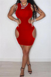 Красное модное сексуальное однотонное платье без рукавов с круглым вырезом