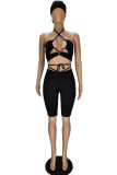 Black Sexy Casual Solid Hollowed Out Backless Strap Design Halter Sleeveless Two Pieces