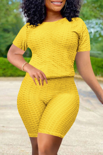 Yellow Fashion Casual Solid Basic O Neck Short Sleeve Two Pieces