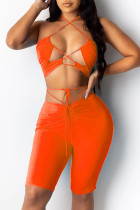 Oranje Sexy Casual Effen Uitgehold Rugloos Bandontwerp Halter Mouwloos Twee Stukken