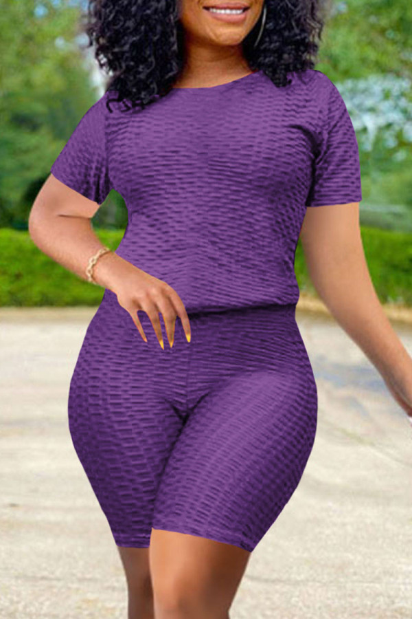 Фиолетовый модный повседневный однотонный базовый с круглым вырезом и коротким рукавом из двух частей