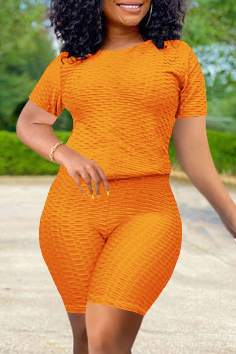 

Orange Fashion Casual Solid Basic O Neck Short Sleeve Two Pieces