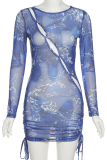 Blue Sexy Print Hollowed Out Mesh O Neck Pencil Skirt Dresses