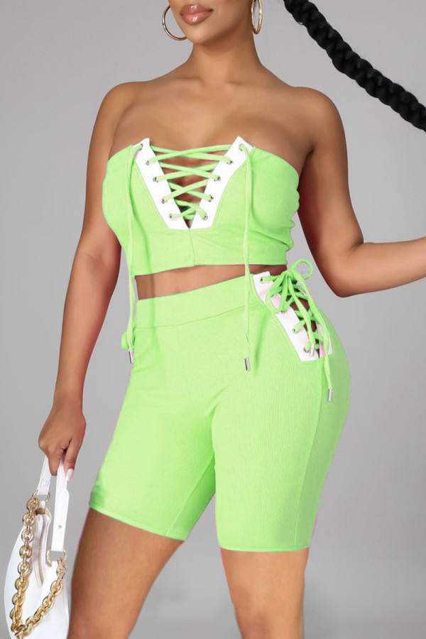 Verde fluorescente sexy casual solido patchwork cinturino senza schienale design senza maniche due pezzi