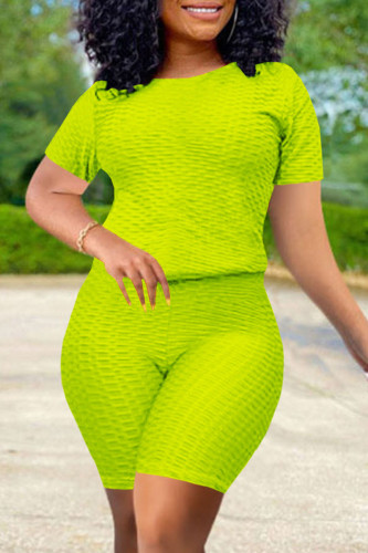 Fluorescent Green Fashion Casual Solid Basic O Neck Short Sleeve Two Pieces