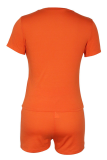 Tangerine Red Casual Solid Patchwork O Neck Short Sleeve Two Pieces