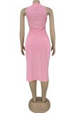 Pink Sexy Solid Asymmetrical O Neck Sleeveless Two Pieces