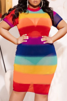 Rainbow Color Sexy Print Patchwork Half A Turtleneck Pencil Skirt Plus Size Dresses