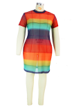 虹色のセクシーなプリントパッチワークハーフタートルネックペンシルスカートプラスサイズのドレス