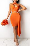 Orange Sexy Solid Hollowed Out Sleeveless Two Pieces Halter Crop Tops And Skirt Sets