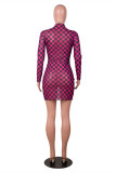 Purple Fashion Sexy Plaid Print See-through O Neck Long Sleeve Dresses