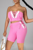 Pink Sexy Casual Solid Patchwork Backless Strap Design Sleeveless Two Pieces