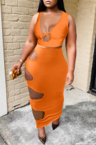 Оранжевый модный сексуальный сплошной выдолбленный V-образный вырез без рукавов из двух частей