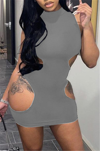 Grey Fashion Sexy Solid Hollowed Out O Neck Sleeveless Dress