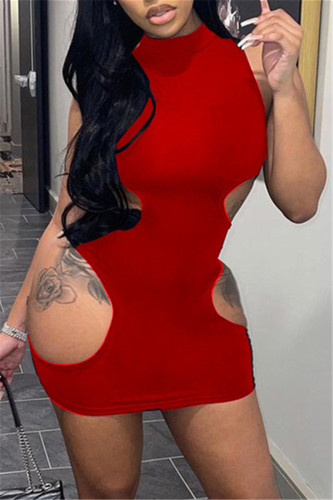 Red Fashion Sexy Solid Hollowed Out O Neck Sleeveless Dress