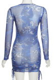 Blue Sexy Print Hollowed Out Mesh O Neck Pencil Skirt Dresses