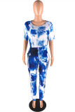 Blue Fashion Casual Print Tie-dye O Neck Plus Size Jumpsuits