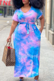 Azul sexy estampa patchwork decote em V reto vestidos plus size