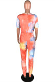 Orange Fashion Casual Print Tie-dye O Neck Plus Size Jumpsuits