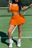 Orange Lässige Sportbekleidung Solide Basic U-Ausschnitt Ärmellos Zweiteiler