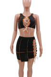 Rose Red Sexy Solid Hollowed Out Strap Design O Neck Sleeveless Two Pieces