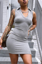 Grey Sexy Casual Solid Basic V Neck Sleeveless A Line Dresses