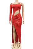 Red Sexy Solid Hollowed Out Patchwork Fold Oblique Collar Asymmetrical Dresses