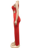 Красные сексуальные однотонные асимметричные платья в стиле пэчворк с косым воротником и косым воротником
