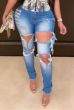 Donkerblauwe mode sexy doorboorde gescheurde hoge taille regular denim jeans