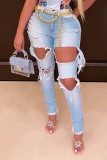 Jeans jeans azul escuro fashion sexy perfurado rasgado cintura alta regular