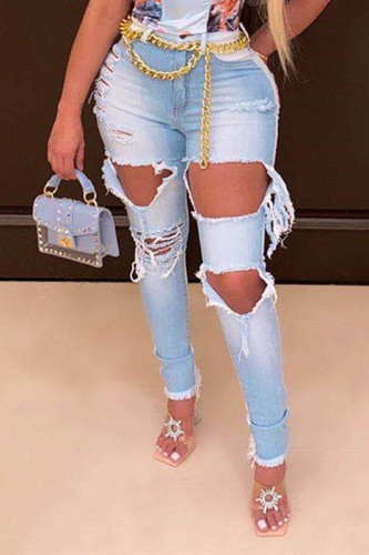 Baby Blue Fashion Sexy Pierced High Waist Regular Ripped Distressed Denim Jeans
