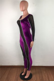 Purple Fashion Sexy Patchwork See-through Regular Jumpsuits