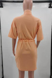 Оранжевое модное повседневное однотонное базовое платье с коротким рукавом и воротником на молнии