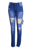 Babyblauwe mode sexy doorboorde gescheurde hoge taille regular denim jeans