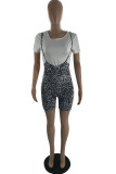 Grey Sexy Print Leopard O Neck Short Sleeve Two Pieces