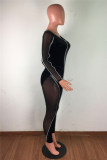 Macacão preto moda sexy patchwork transparente