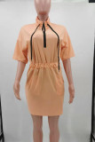 オレンジファッションカジュアルソリッドベーシックジッパーカラー半袖ドレス