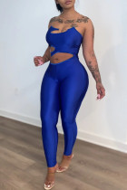 Blauwe mode sexy effen uitgeholde rugloze skinny jumpsuits met spaghettibandjes