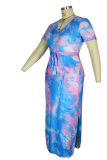 Blauwe sexy print patchwork v-hals rechte grote maten jurken