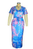 Blauwe sexy print patchwork v-hals rechte grote maten jurken