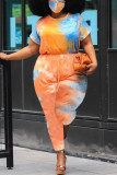Macacão laranja moda casual tie-dye com decote tamanho grande