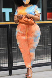 Оранжевые модные повседневные комбинезоны больших размеров с принтом тай-дай и круглым вырезом