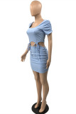 Sky Blue Fashion Sexy Solid Fold O Neck Short Sleeve Two Pieces