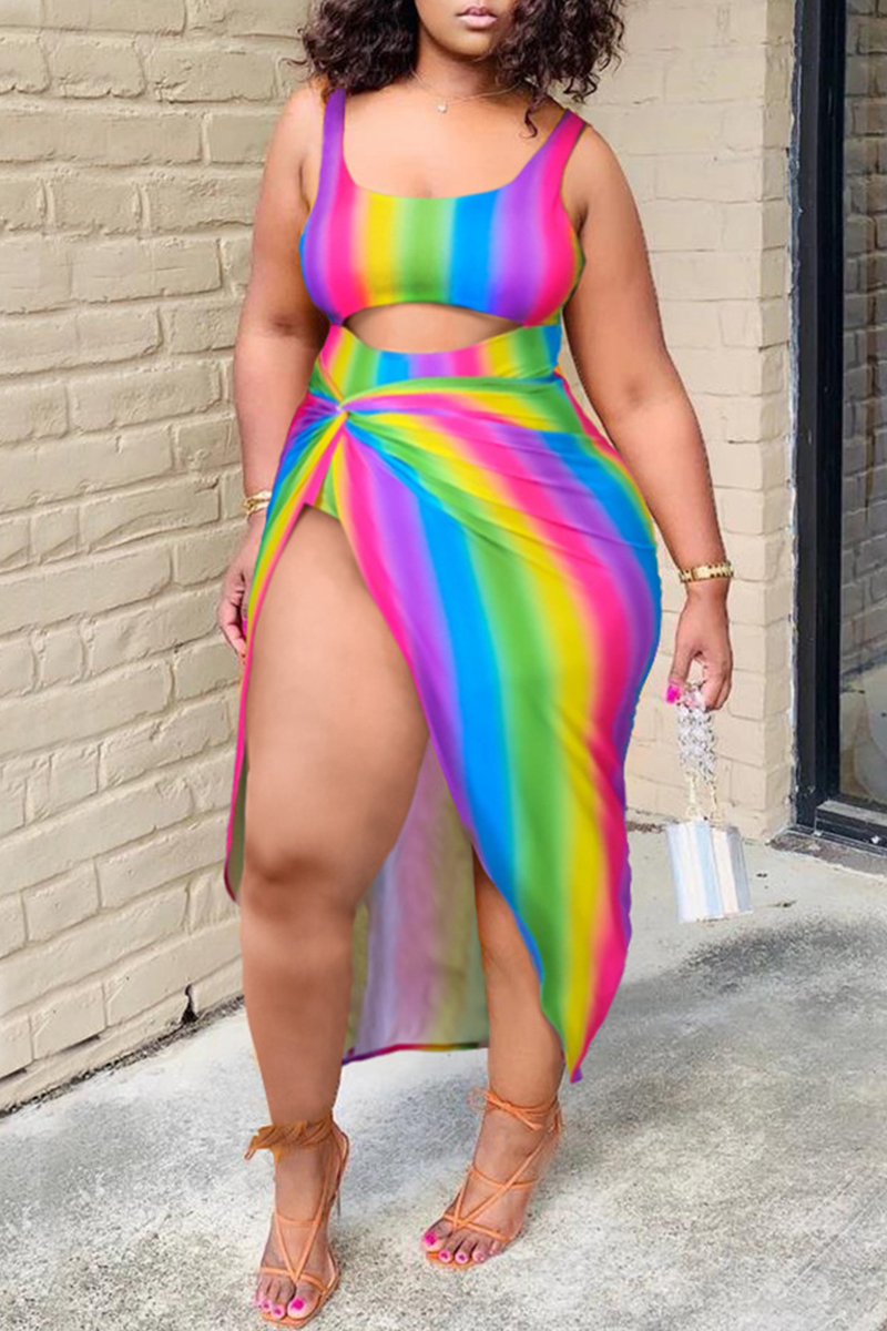 

Multicolor Sexy Print Backless U Neck Plus Size Swimwear