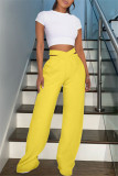 Pantalones de cintura alta con parches lisos informales de moda amarillos