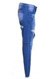 Dark Blue Fashion Sexy Pierced High Waist Regular Ripped Distressed Denim Jeans