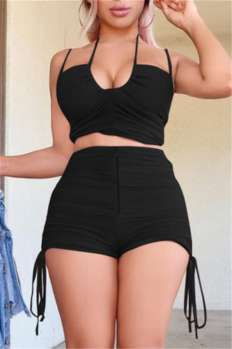 Black Fashion Sexy Solid Backless Fold Halter Sleeveless Two Pieces