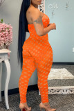 Macacão regular laranja fashion sexy sólido rasgado vazado sem alças