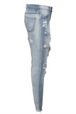 Jeans jeans azul bebê fashion sexy perfurado rasgado cintura alta regular